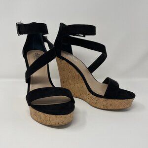 Charles by Charles David Strappy Wedge Sandal Cork Heel Women's Black Size US 8M